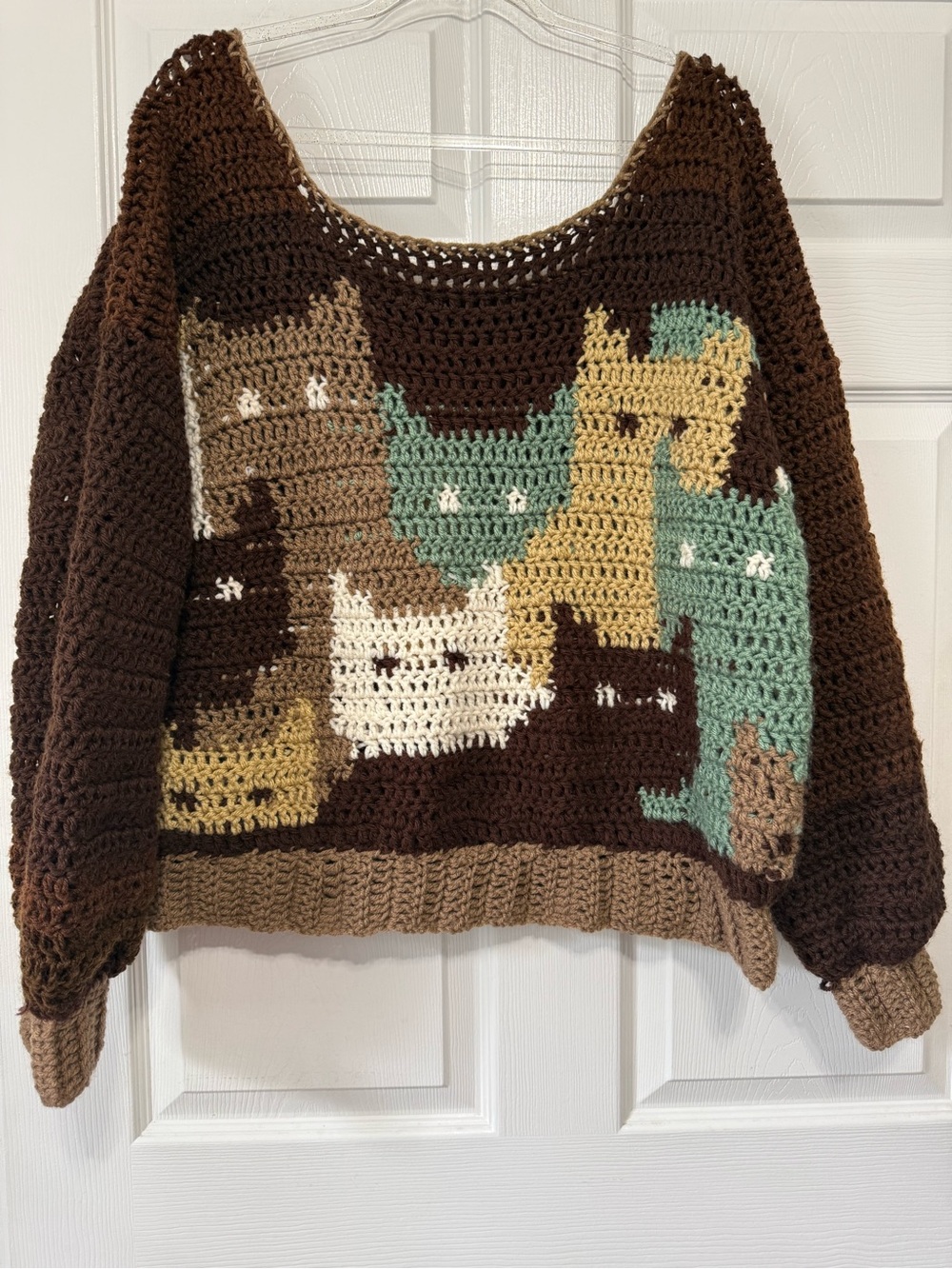 Handmade by my mom Crocheted Cat Sweater in Brown, Cream, Teal & Tan brand new - Picture 2 of 8